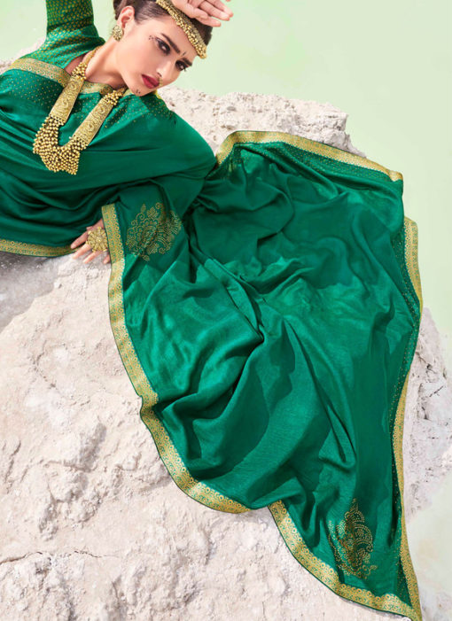 Designer Lace with Siroski Stone Party Wear Vichitra Silk Green Saree