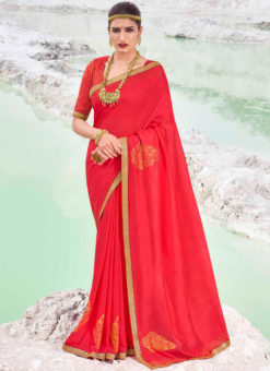 Designer Lace with Siroski Stone Party Wear Vichitra Silk Red Saree