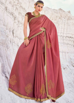 Designer Lace with Siroski Stone Party Wear Vichitra Pink Silk Saree