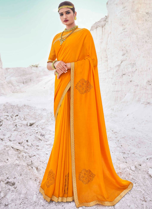 Designer Lace with Siroski Stone Party Wear Vichitra Silk Yellow Saree