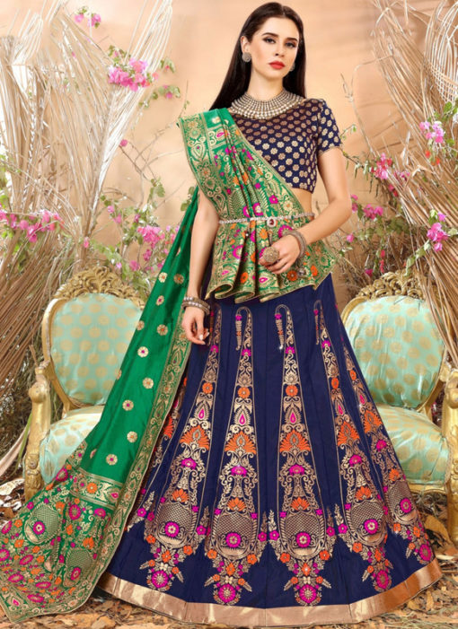 Blue Designer Zari Weaving Banarasi Silk Wedding Lehenga Choli