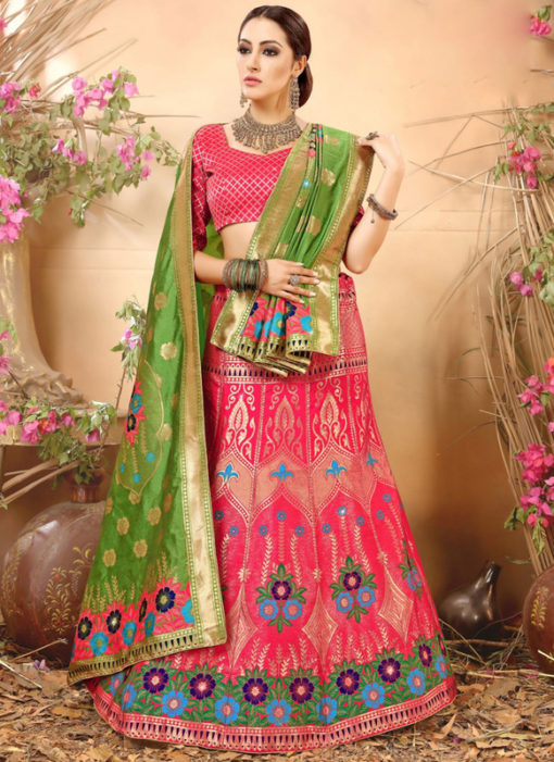 Pink Zari Weaving Wedding Designer Banarasi Silk Lehenga Choli