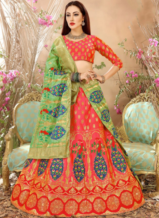 Pink Designer Zari Weaving Wedding Banarasi Silk Lehenga Choli