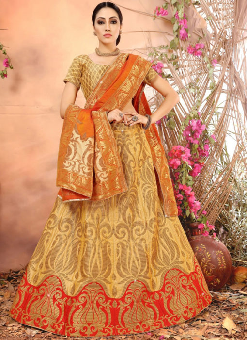 Beige Designer Zari Weaving Banarasi Silk Wedding Lehenga Choli
