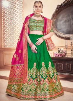 Zari Weaving Designer Banarasi Silk Wedding Green Lehenga Choli