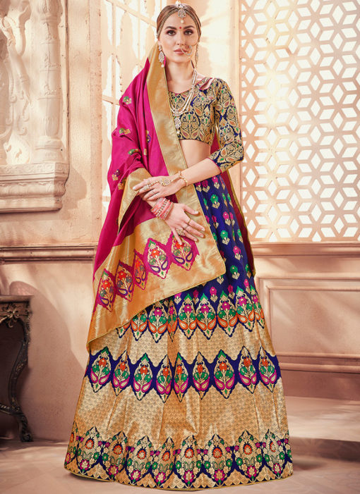 Wedding Zari Weaving Designer Banarasi Silk Blue Lehenga Choli