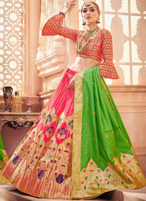 Zari Weaving Pink Banarasi Silk Designer Wedding Lehenga Choli