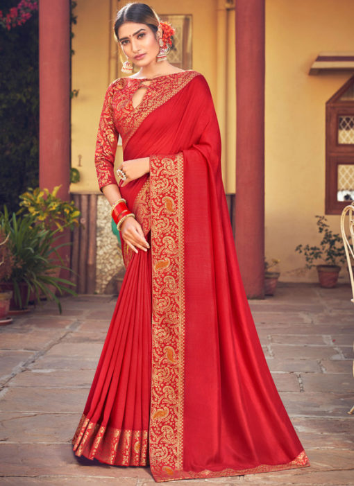Maroon Weaving with Lace Vichitra Silk Party Wear Saree