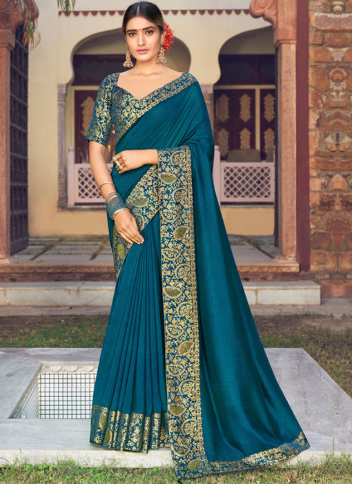 Teal Blue Weaving with Lace Vichitra Silk Party Wear Saree