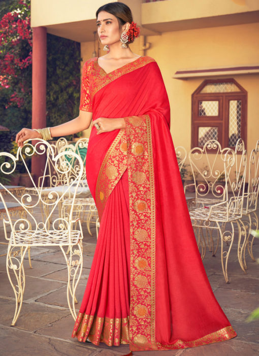 Red Weaving with Lace Vichitra Silk Party Wear Saree