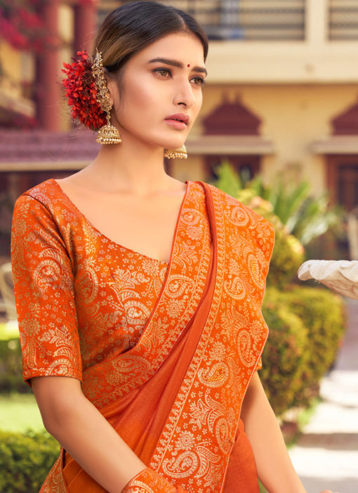 Orange Weaving with Lace Vichitra Silk Party Wear Saree