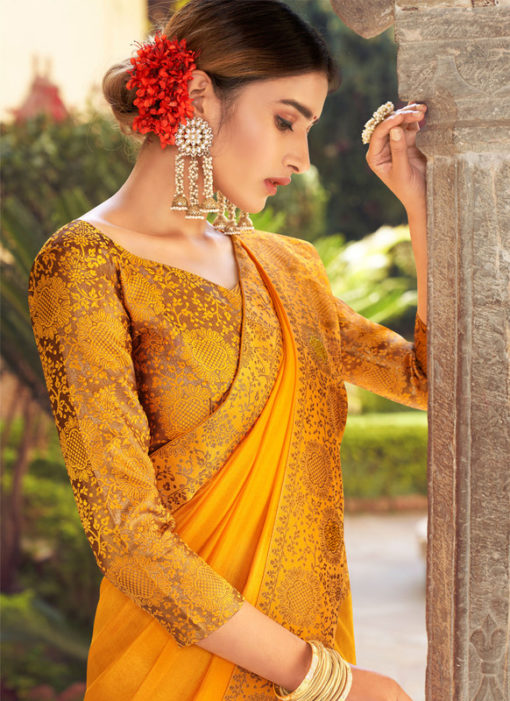 Mustard Weaving with Lace Vichitra Silk Party Wear Saree