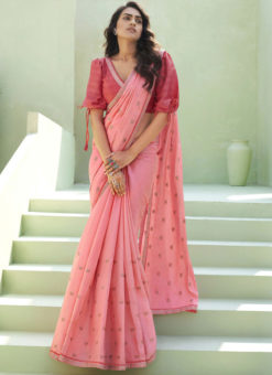 Party Wear Thread Embroidery With Lace Pink Designer Silk Saree