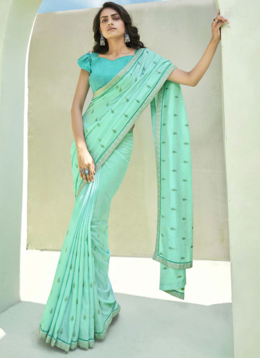 Party Wear Thread Embroidery With Lace Sea Green Designer Silk Saree