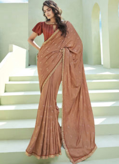 Party Wear Thread Embroidery With Lace Brown Designer Silk Saree