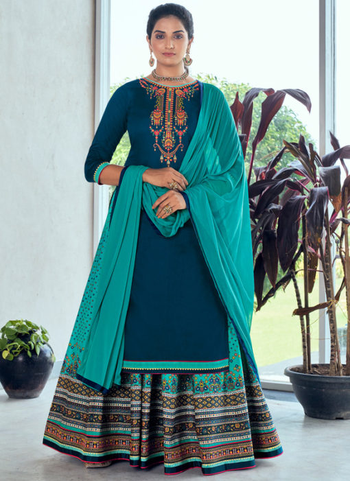 Blue Pure Jam Silk Cotton With Embroidery Work Designer Long Lehenga Suit