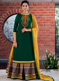 Green Pure Jam Silk Cotton With Embroidery Work Designer Long Lehenga Suit