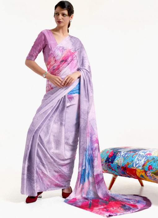 Light Purple Japanese Silk Digital Printed Casual Saree