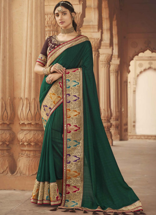 Dark Green Embroidered Patch Border With Mirror Work Cosa Silk Wedding Saree