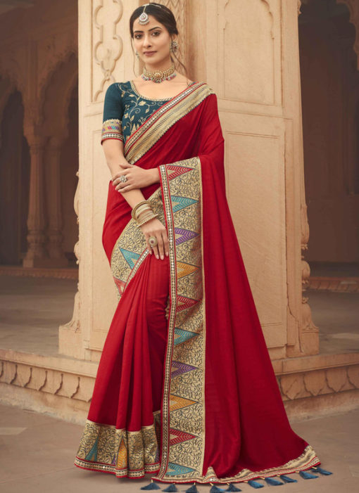 Red Embroidered Patch Border With Mirror Work Cosa Silk Wedding Saree