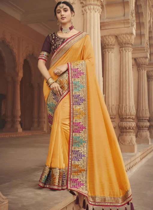 Yellow Embroidered Patch Border With Mirror Work Cosa Silk Wedding Saree