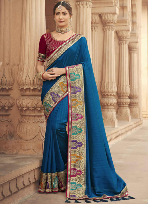 Blue Embroidered Patch Border With Mirror Work Cosa Silk Wedding Saree