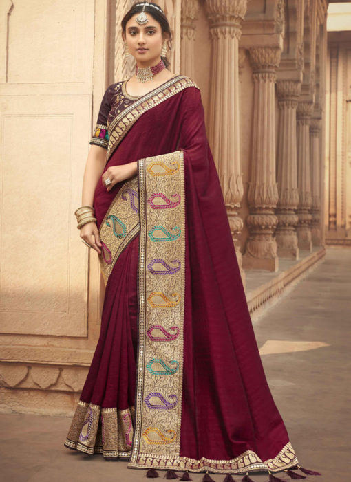 Maroon Embroidered Patch Border With Mirror Work Cosa Silk Wedding Saree