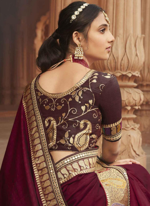 Maroon Embroidered Patch Border With Mirror Work Cosa Silk Wedding Saree