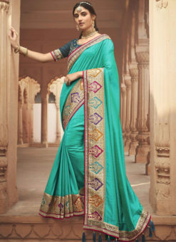 Sea Green Embroidered Patch Border With Mirror Work Cosa Silk Wedding Saree