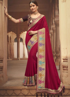 Pink Embroidered Patch Border With Mirror Work Cosa Silk Wedding Saree