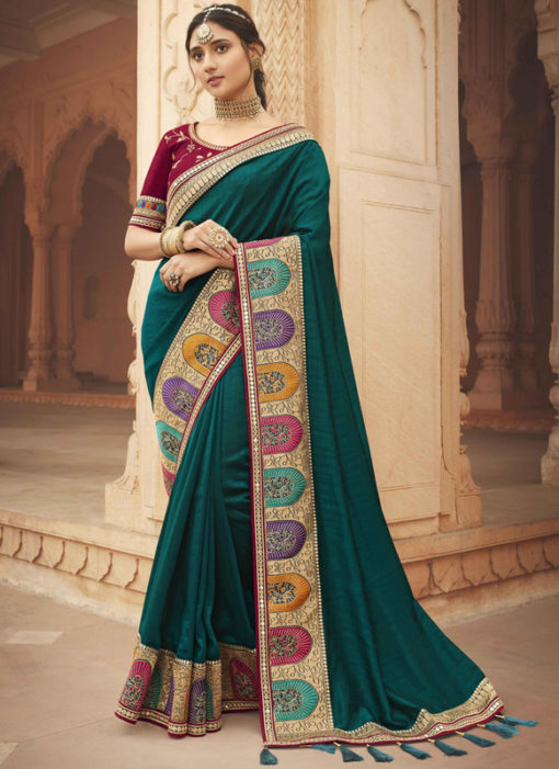 Dark Green Embroidered Patch Border With Mirror Work Cosa Silk Wedding Saree