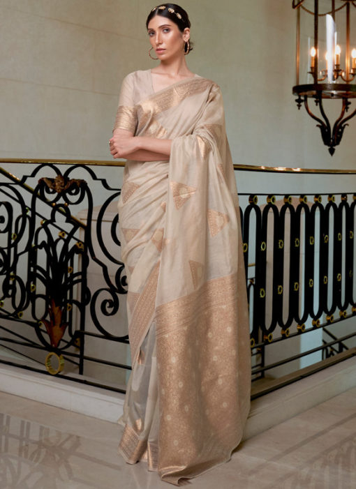 Biege Pure Modal Handloom Zari Weaving Designer Saree