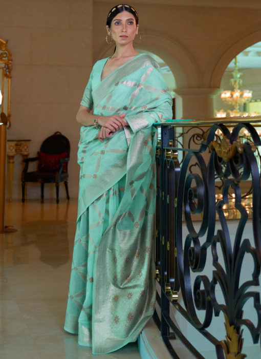 Sea Green Pure Modal Handloom Zari Weaving Designer Saree