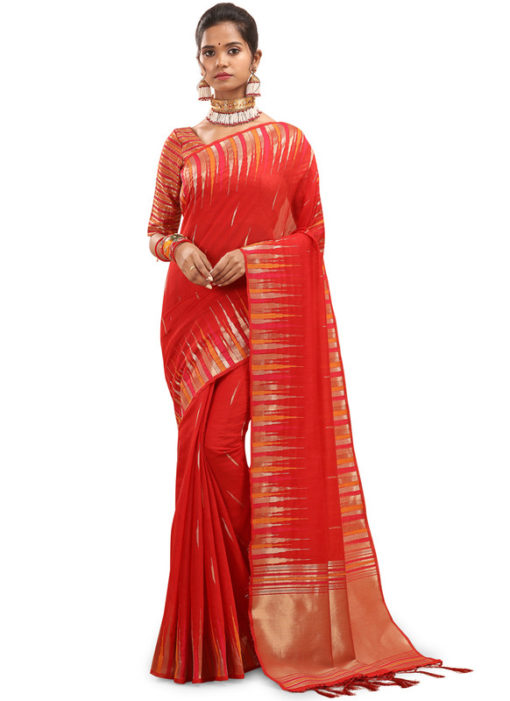 Red Traditional Wear Weaving Cotton Silk Saree
