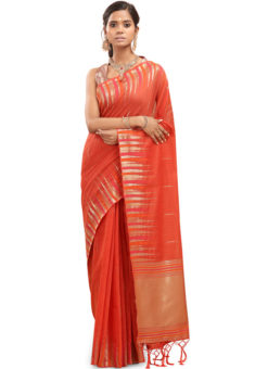 Orange Cotton Silk Weaving Traditional Saree