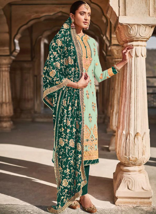 Light Green Georgette Designer Embroidered Work Pakistani Suit