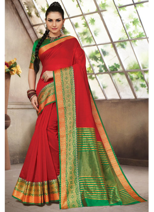 Red Cotton Handloom Wevon Designer Work Sangeet Sandhiya Saree