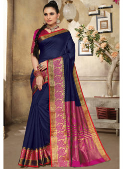 Navy Blue Cotton Handloom Wevon Designer Work Sangeet Sandhiya Saree
