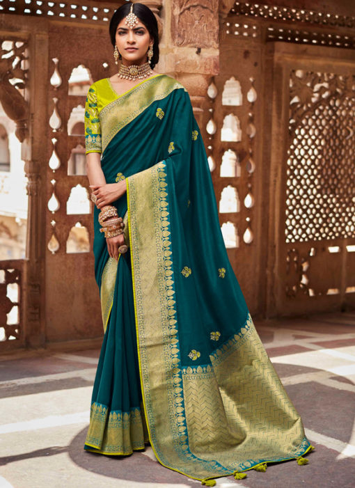 Rama Green Heavy Zari Weaving Thread Work Wedding Designer Saree