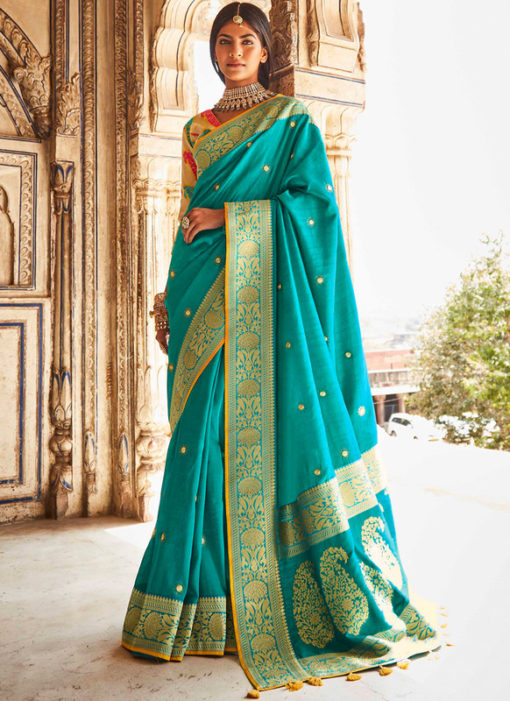 Sky Blue Heavy Zari Weaving Thread Work Wedding Designer Saree