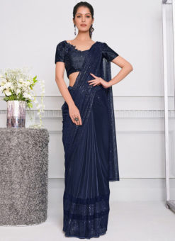 Navy Blue Lycra Sequins Embroidery And Cutdana Party Wear Saree