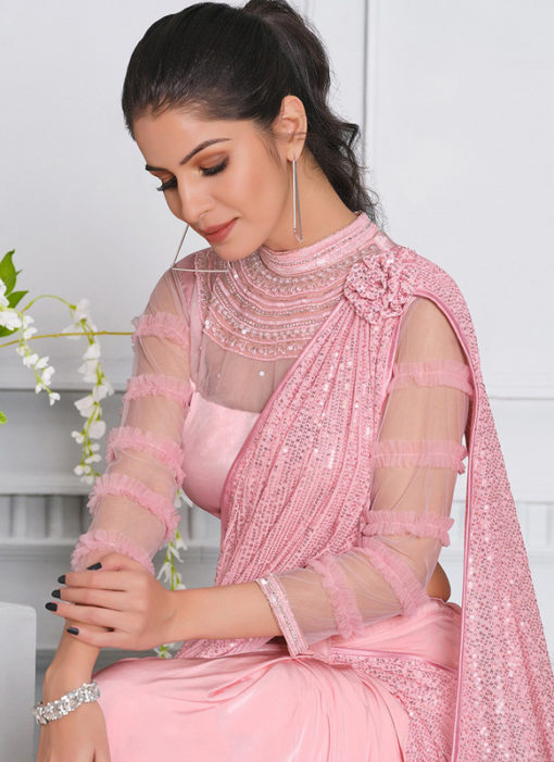 Pink Lycra Sequins Embroidery And Pearl Hand Work Designer Saree