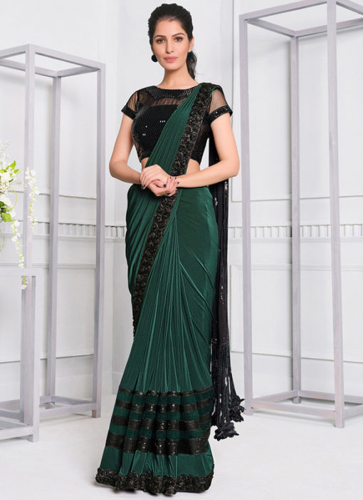 Green Lycra Sequins Embroidery Designer Party Wear Saree