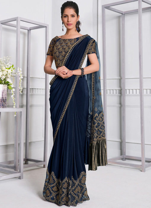 Royale Blue Cord Embroidery Lycra Net Party Wear Saree