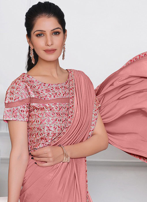 Pink Lycra Resham Embroidery Work Designer Saree