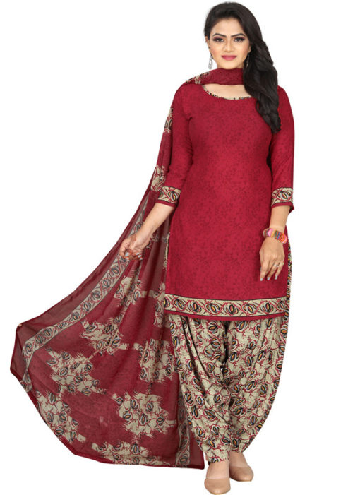 Red Crepe Patiyala Style Dress Material