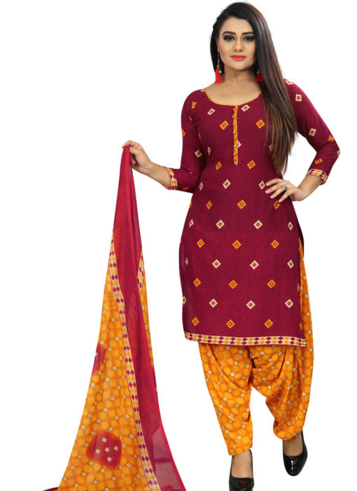 Red Crepe Patiyala Style Dress Material
