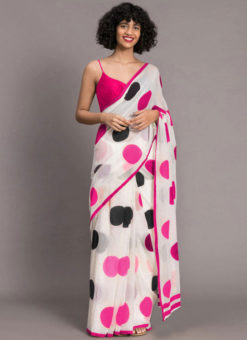 White Chanderi Designer Printed Saree