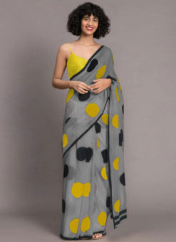 Grey Chanderi Designer Printed Saree