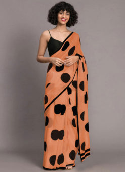 Orange Printed Designer Chanderi Saree
